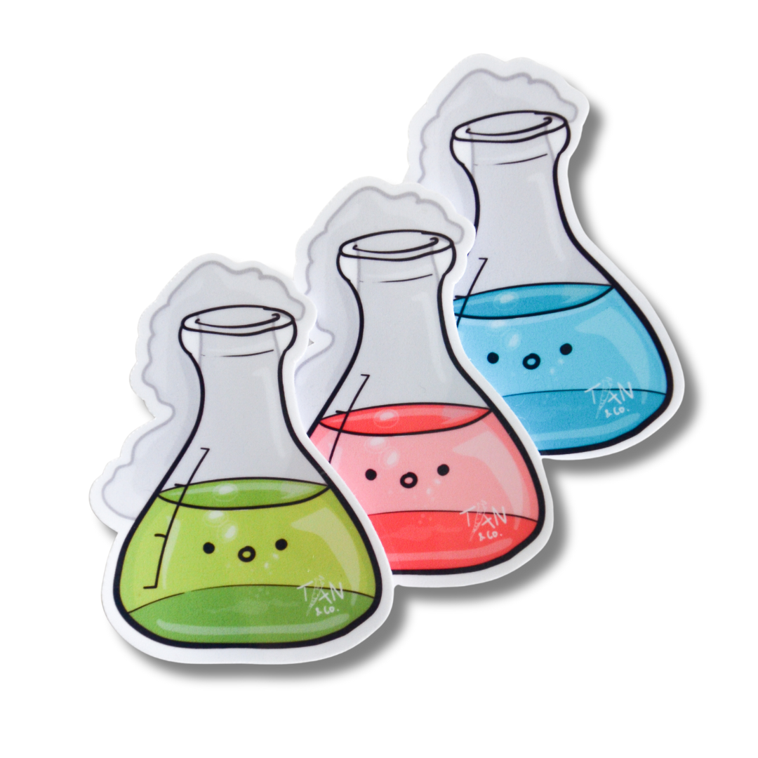 Green, red and teal conical flask stickers side by side