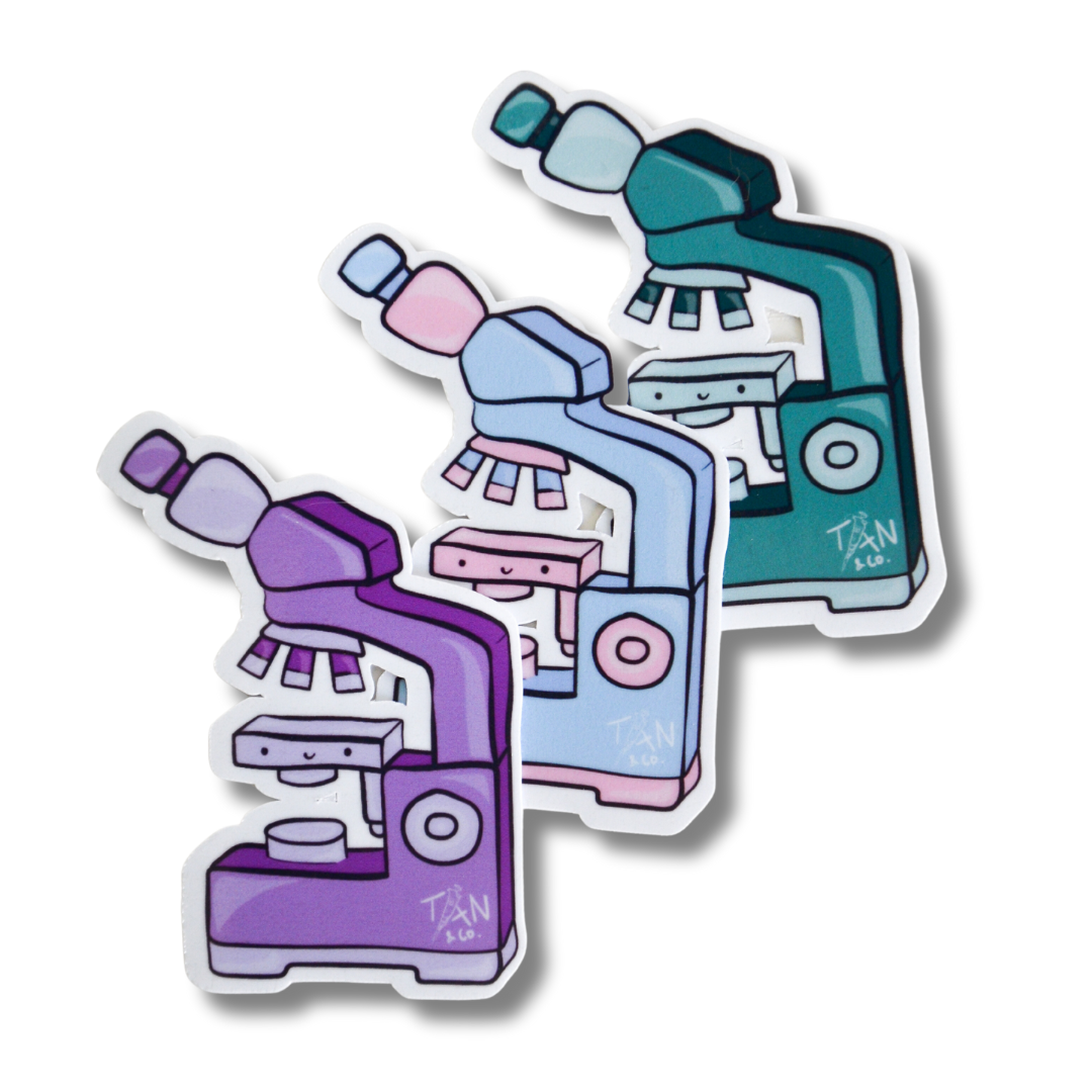 Purple, pink and blue, and green microscope stickers side by side