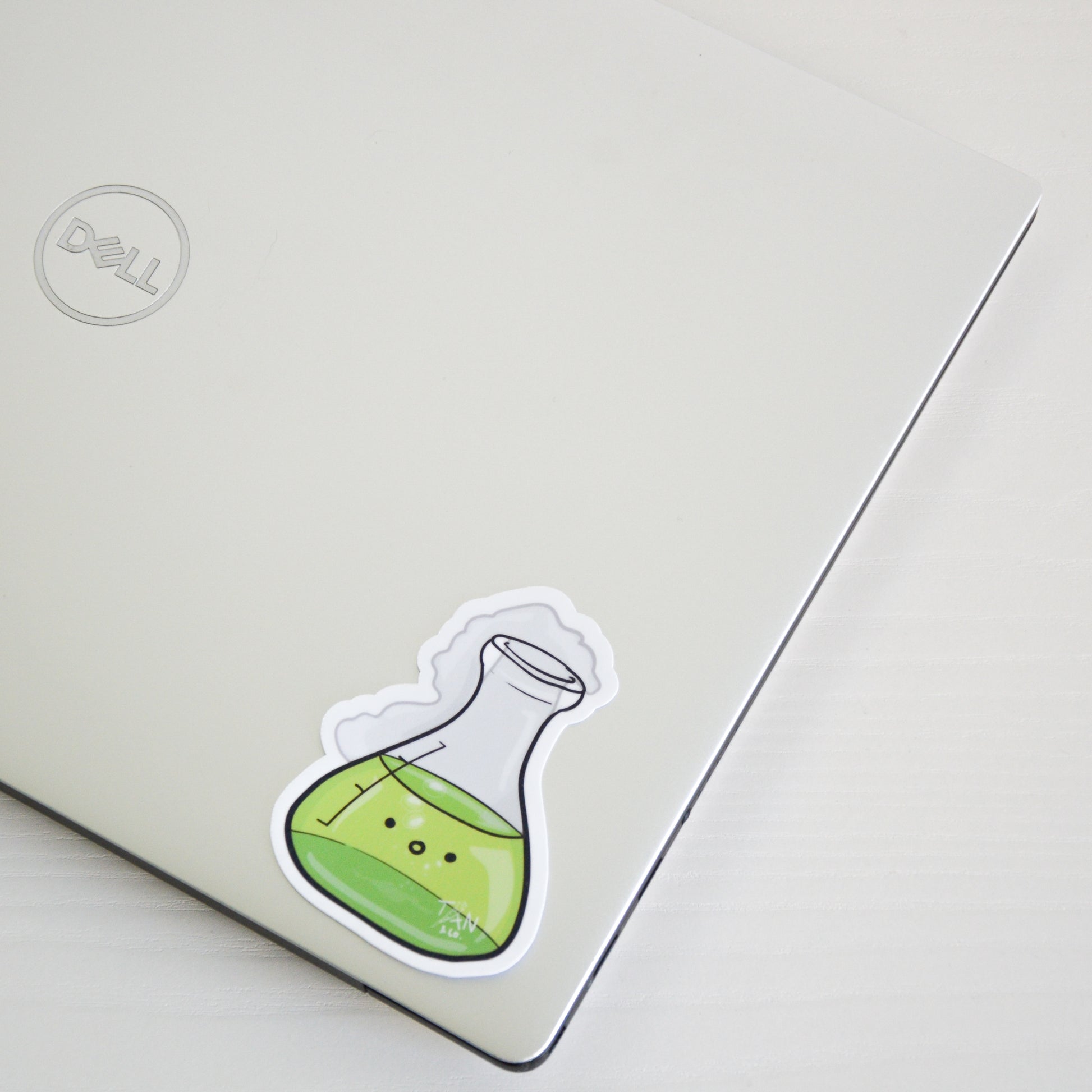 Green conical flask on laptop