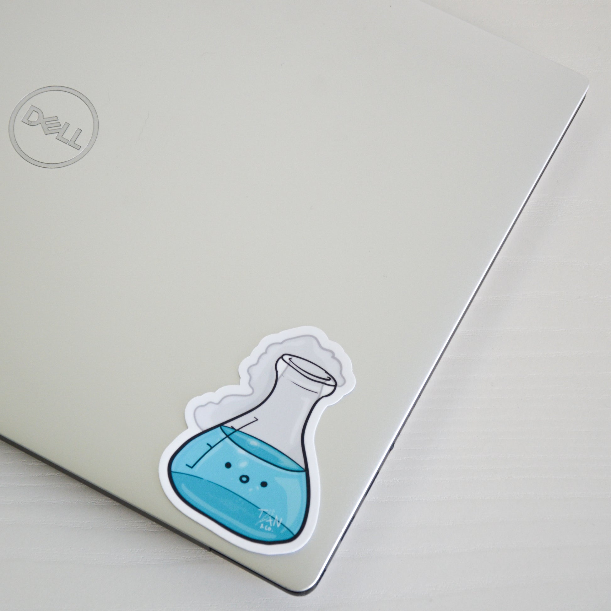 Teal conical flask on laptop