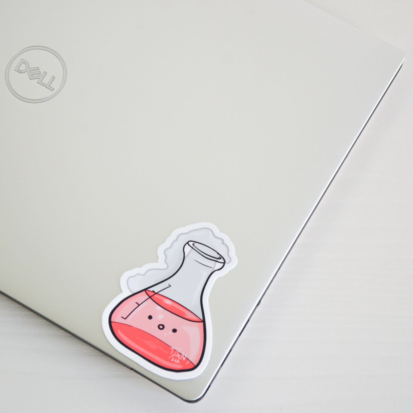 Red conical flask on laptop